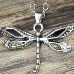 “Dragonfly” Firefly Silver Black Green Iridescent Glitter Winged Insect Necklace
